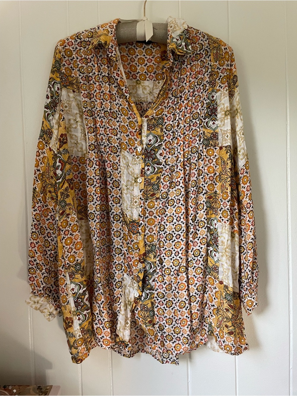 Harvest Yellow Black Patchwork Floral Rayon Flowy Button Down Longsleeve Shirt